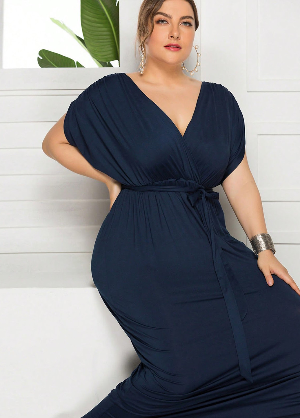 Темно-синее вечернее, кэжуал платье в греческом стиле, на запах, в стиле ампир SHEIN однотонное