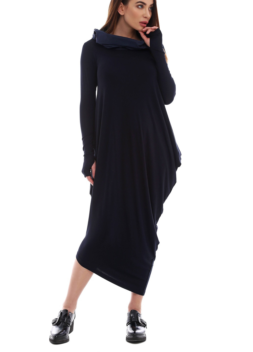 Срібна кежуал сукня жіноча асиметрична трикотажна темно-синього кольору довжина міді з довгим рукавом-напіврукавичкою сукня-трансформер AURA однотонна