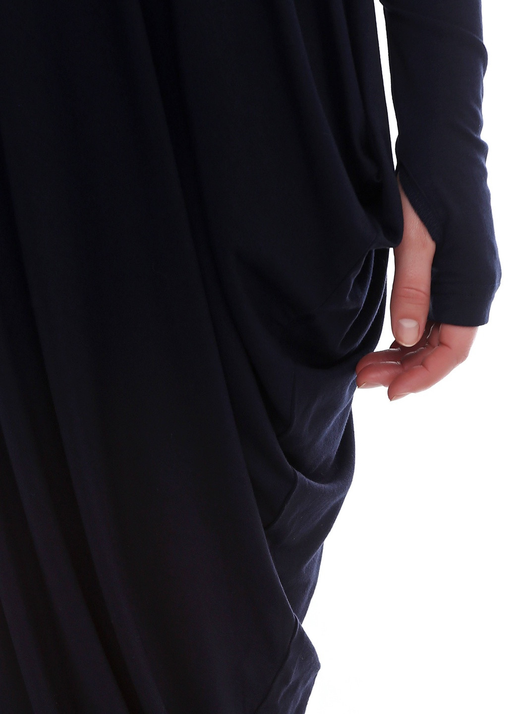 Серебряное кэжуал платье женское асимметричное трикотажное темно синего цвета длина миди с длинным рукавом-полуперчаткой платье-трансформер AURA однотонное