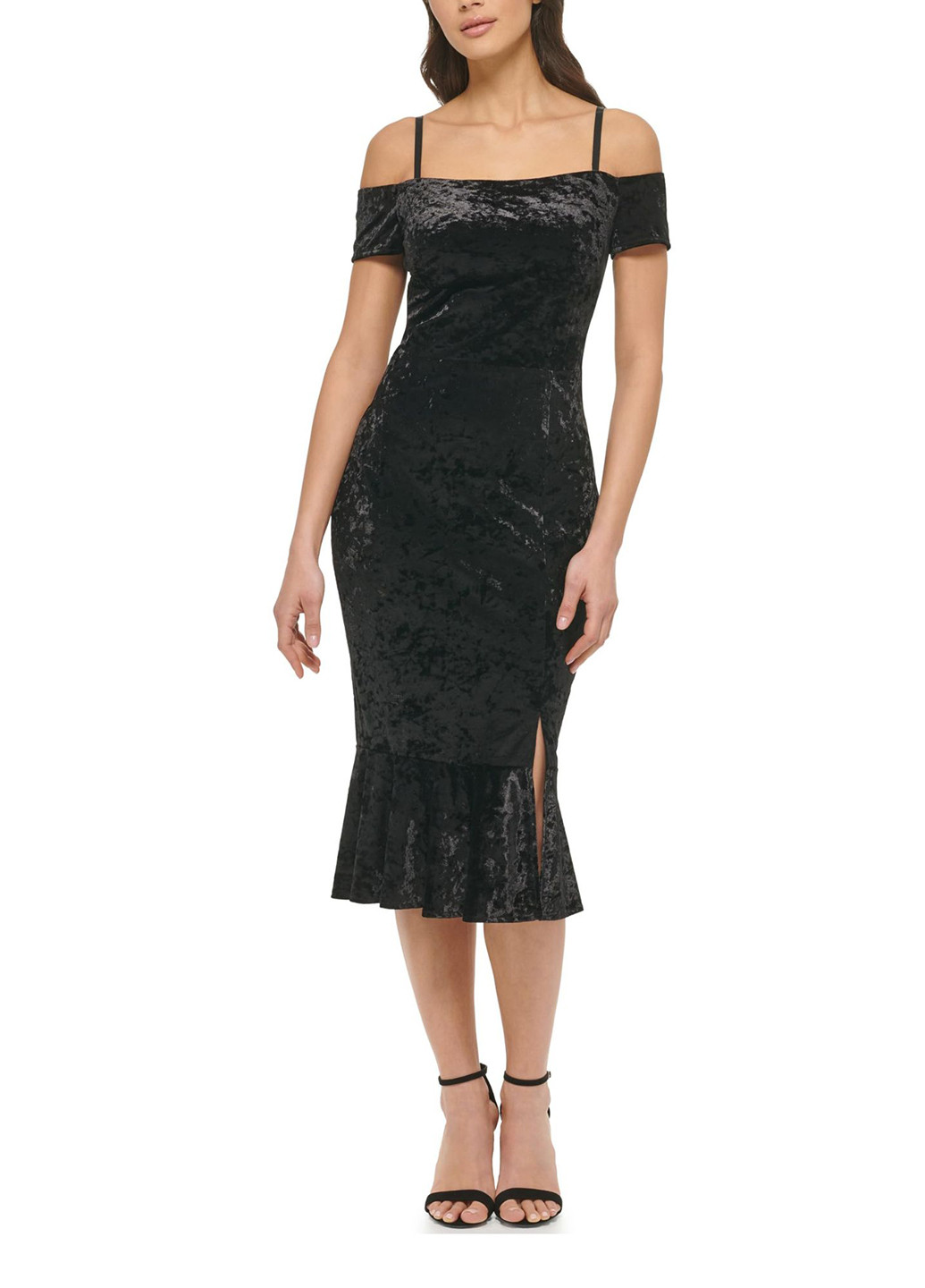 Черное кэжуал платье с открытыми плечами Guess однотонное