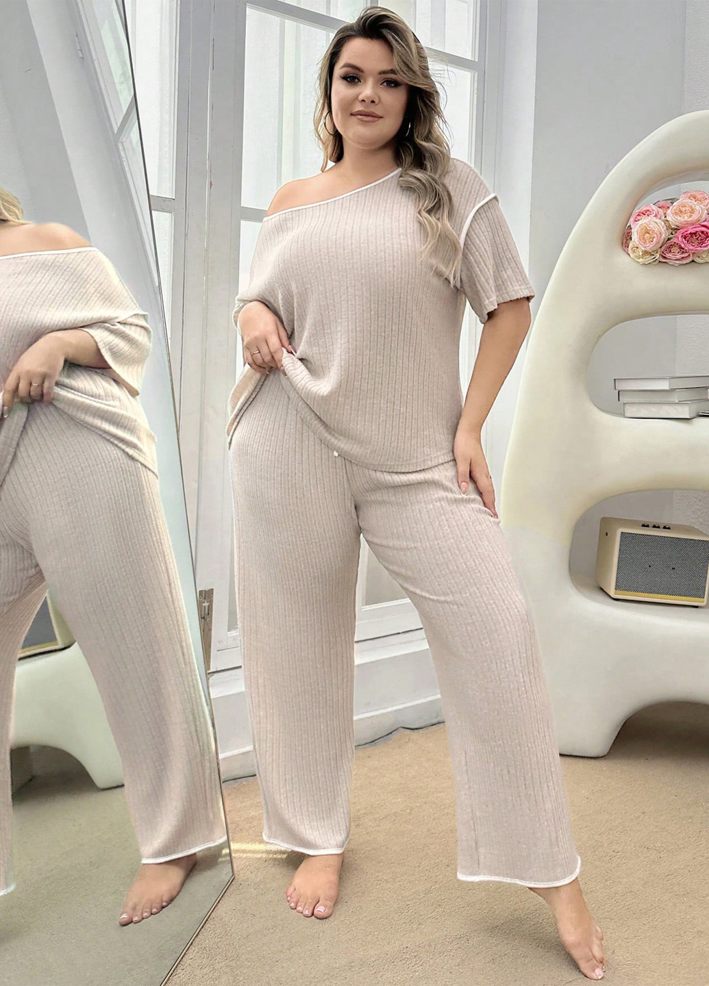 Кремова всесезон піжама (футболка, штани) футболка + штани SHEIN