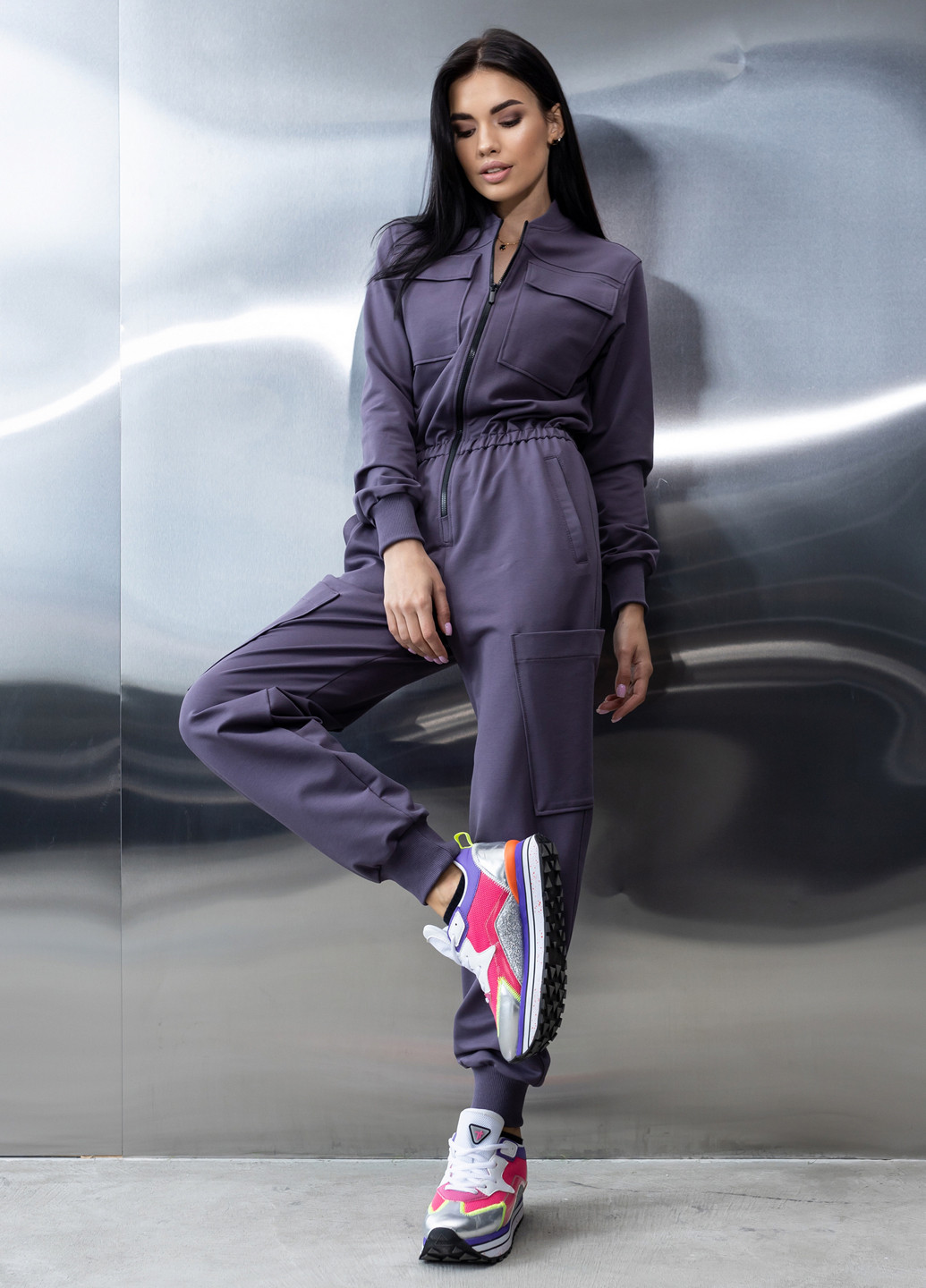 Хлопковый комбинезон с поясом и молнией TOTALFIT комбинезон-брюки однотонный фиолетовый кэжуал, спортивный двунитка, хлопок