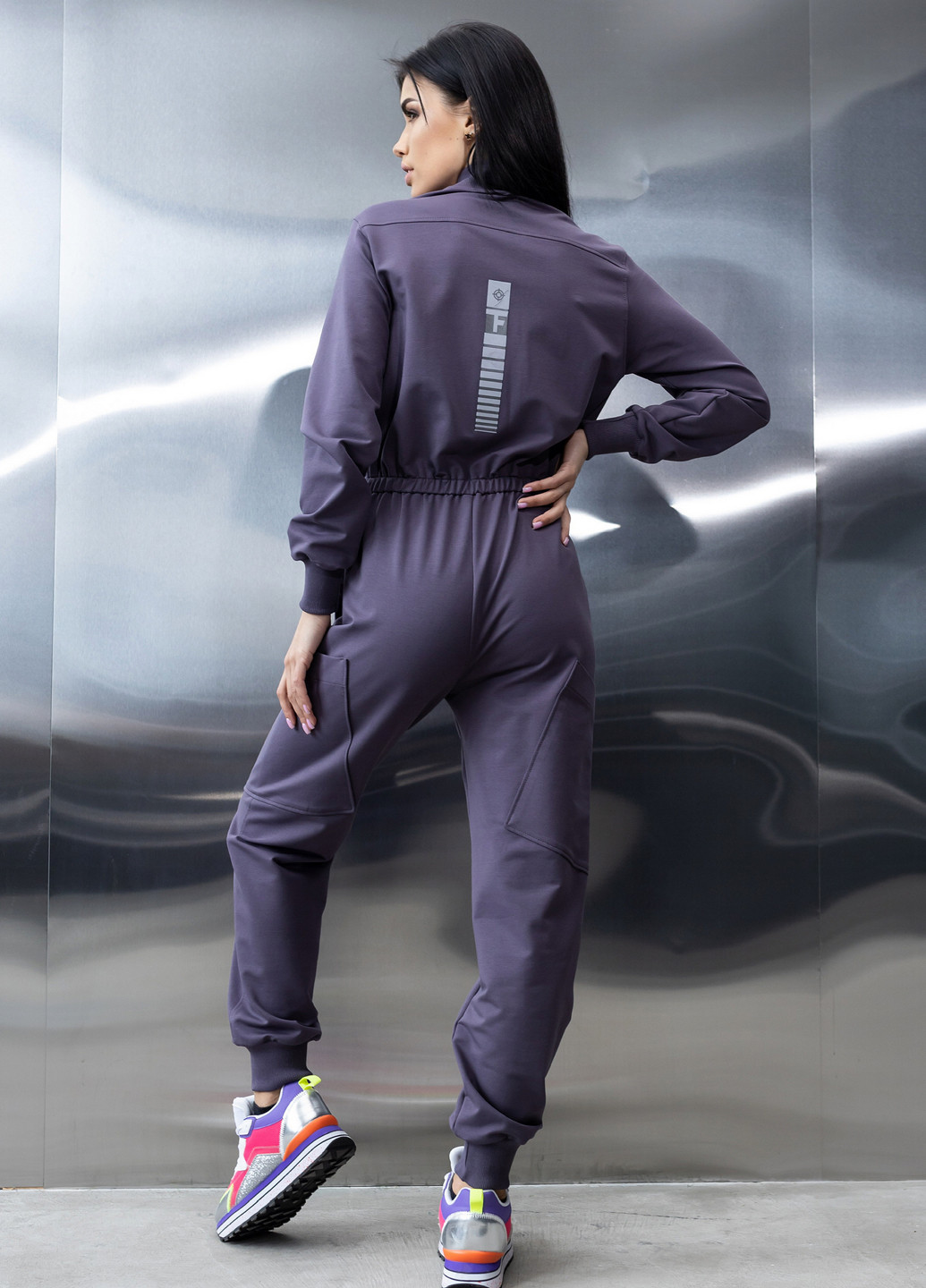 Хлопковый комбинезон с поясом и молнией TOTALFIT комбинезон-брюки однотонный фиолетовый кэжуал, спортивный двунитка, хлопок