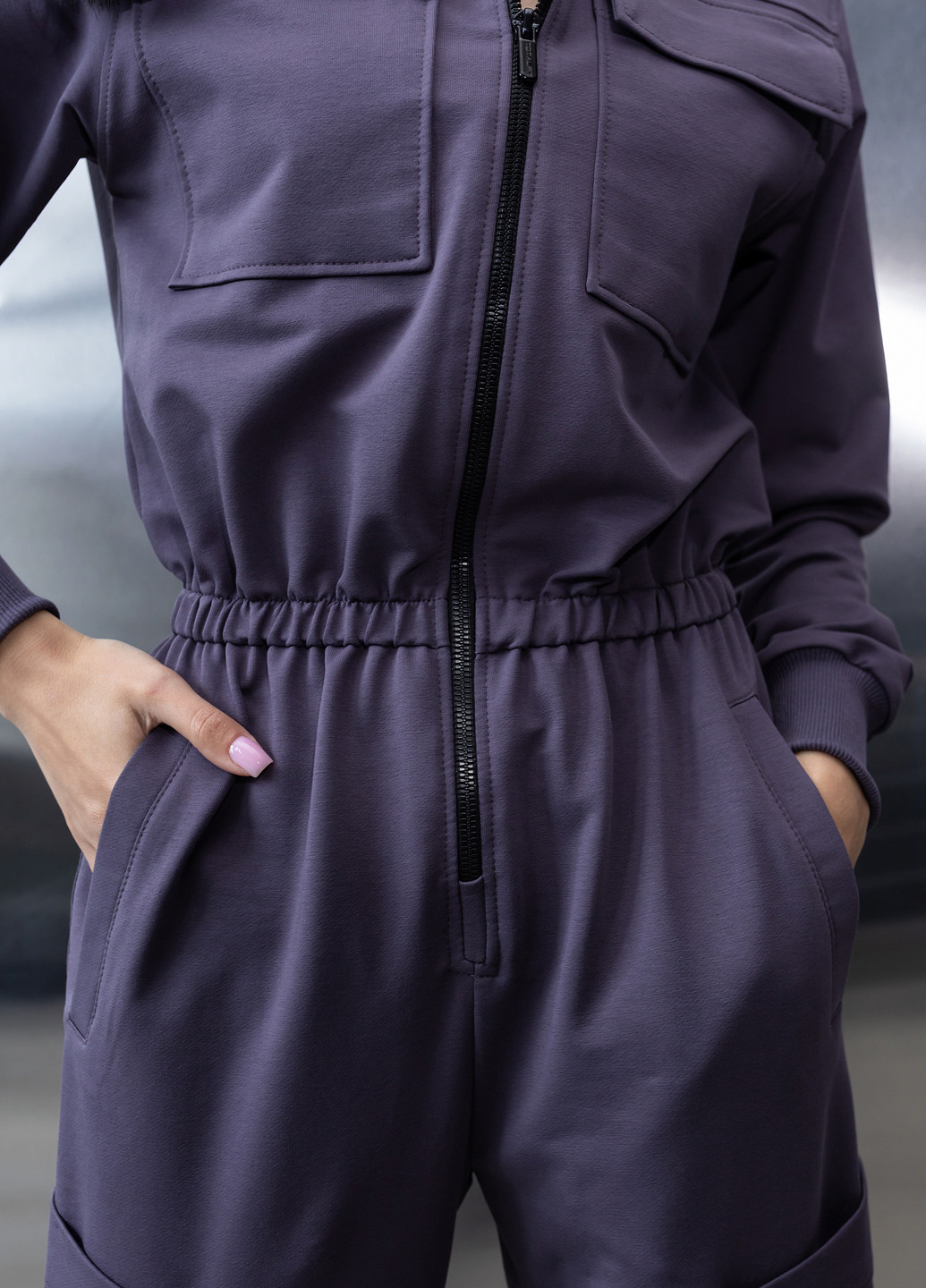 Хлопковый комбинезон с поясом и молнией TOTALFIT комбинезон-брюки однотонный фиолетовый кэжуал, спортивный двунитка, хлопок