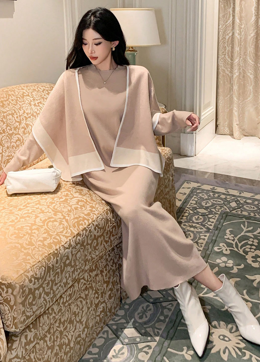 Бежевый демисезонный комплект (платье, накидка) SHEIN