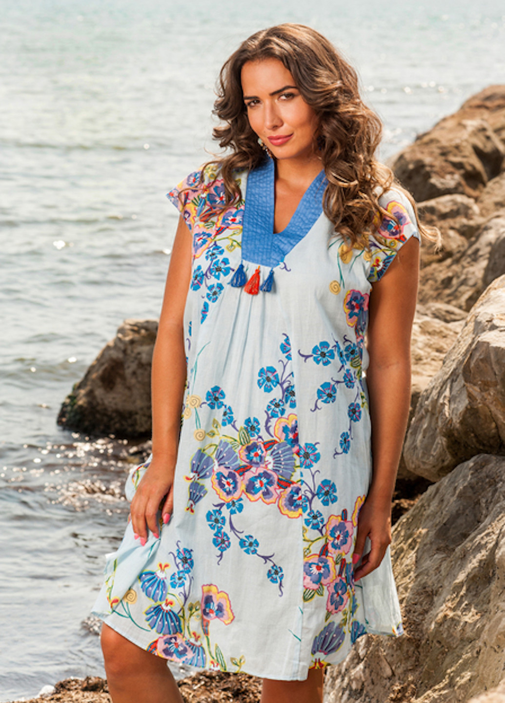 Блакитна пляжна сукня а-силует Anastasea з малюнком