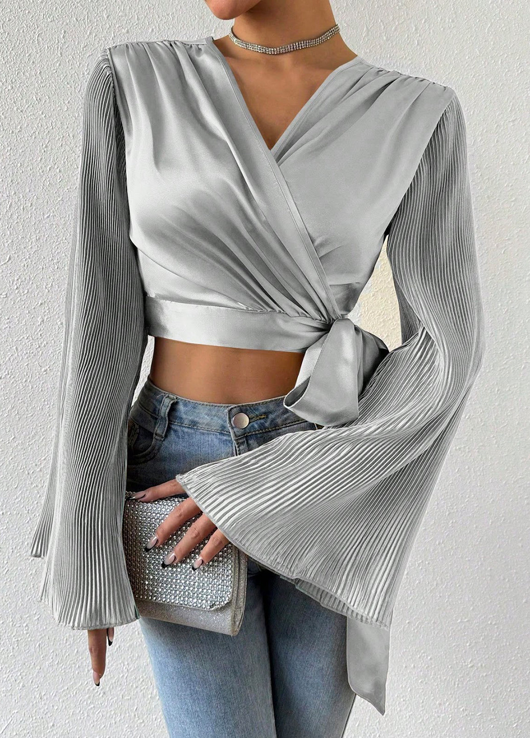 Серебряная блуза на запах SHEIN