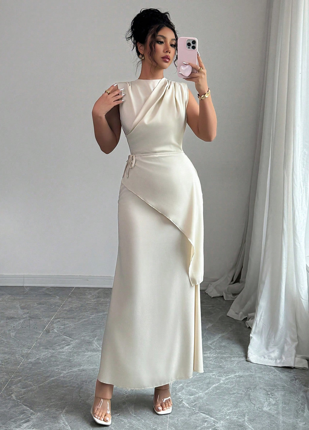 Молочна вечірня сукня кльош, силуетна SHEIN однотонна