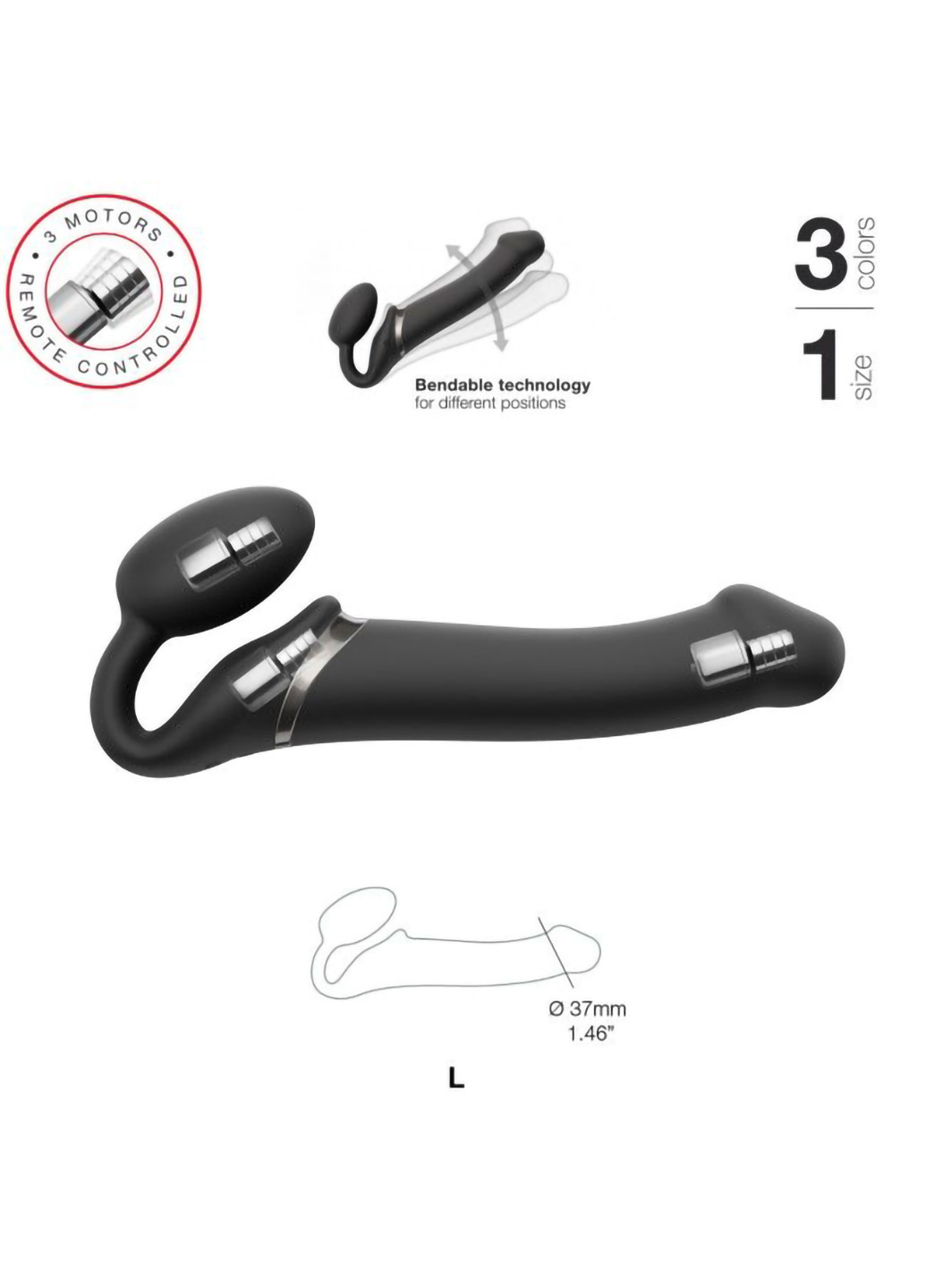 Безремневой страпон с вибрацией Vibrating Black L, диаметр 3,7см, пульт ДУ, регулируемый Strap-On-Me (254152494)