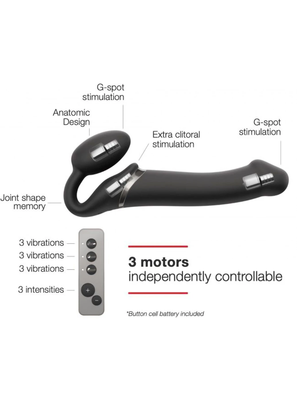 Безремневой страпон с вибрацией Vibrating Black L, диаметр 3,7см, пульт ДУ, регулируемый Strap-On-Me (254152494)