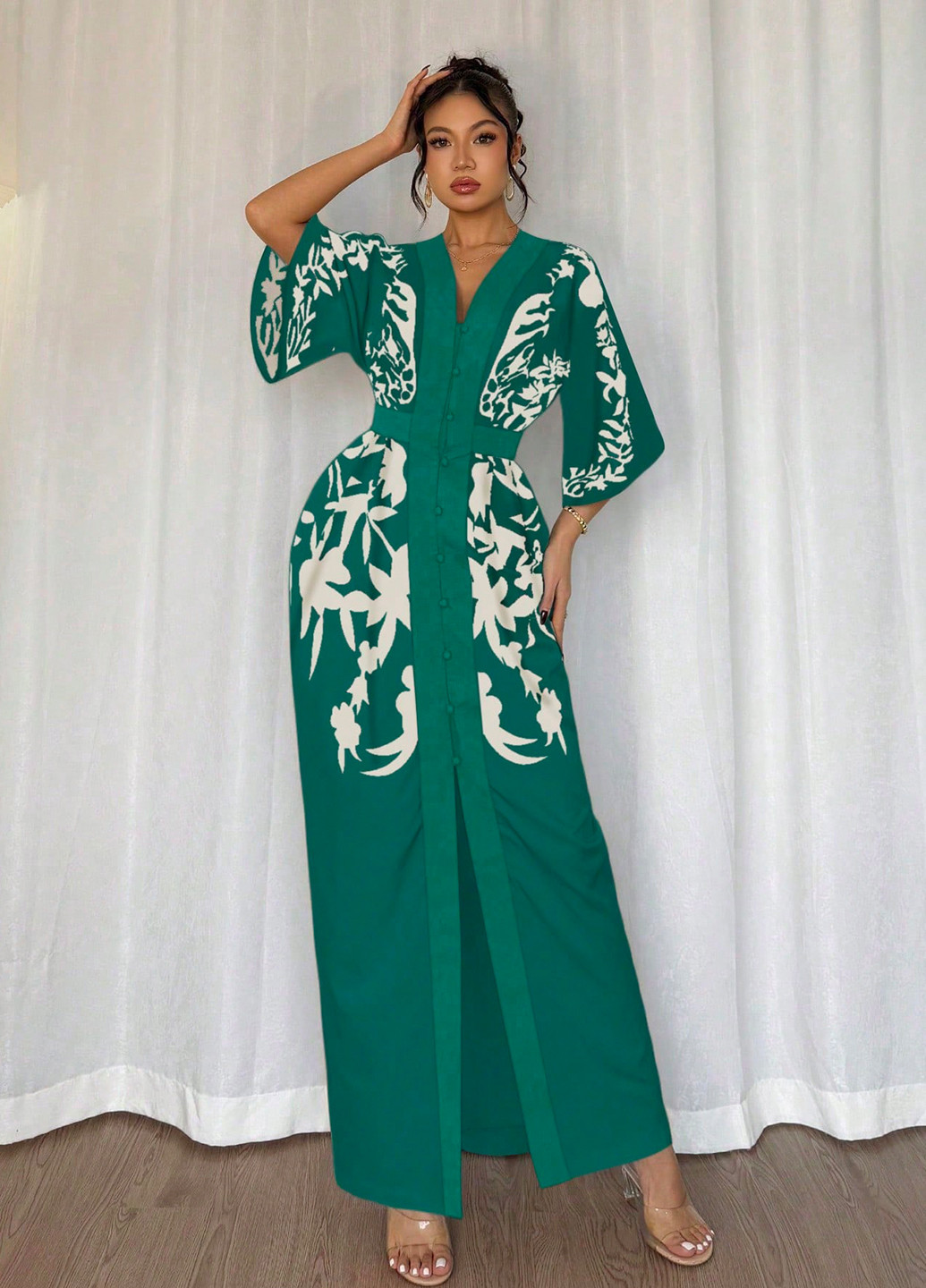 Зеленое праздничный, кэжуал платье футляр SHEIN с цветочным принтом