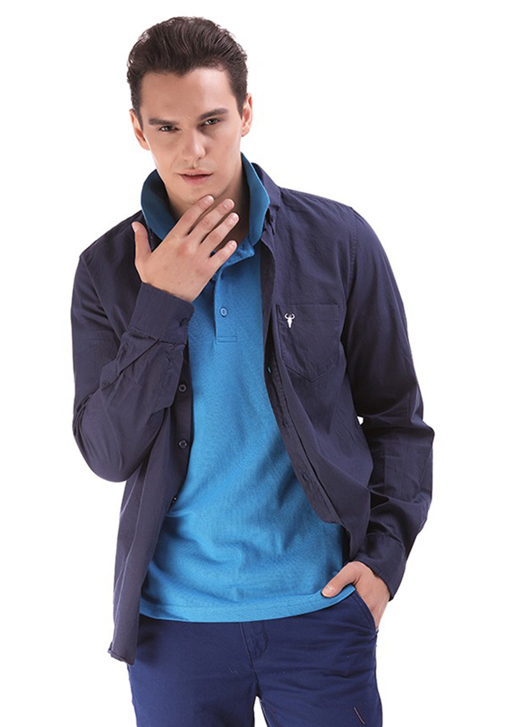 Темно-синяя кэжуал рубашка однотонная Яavin с длинным рукавом