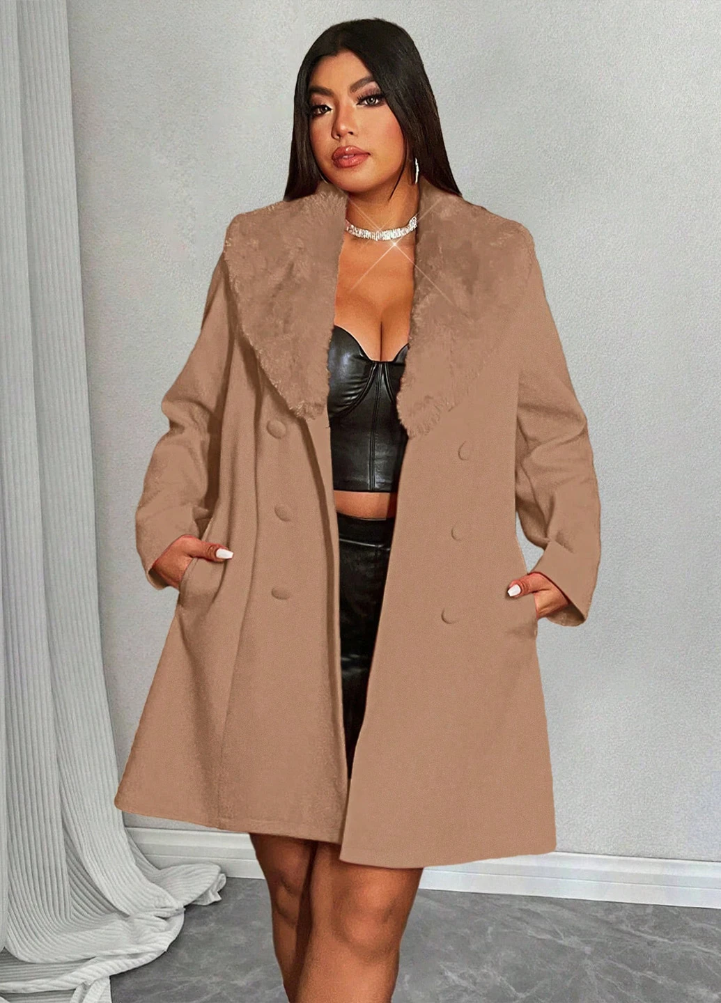 Песочное демисезонное Пальто двубортное SHEIN
