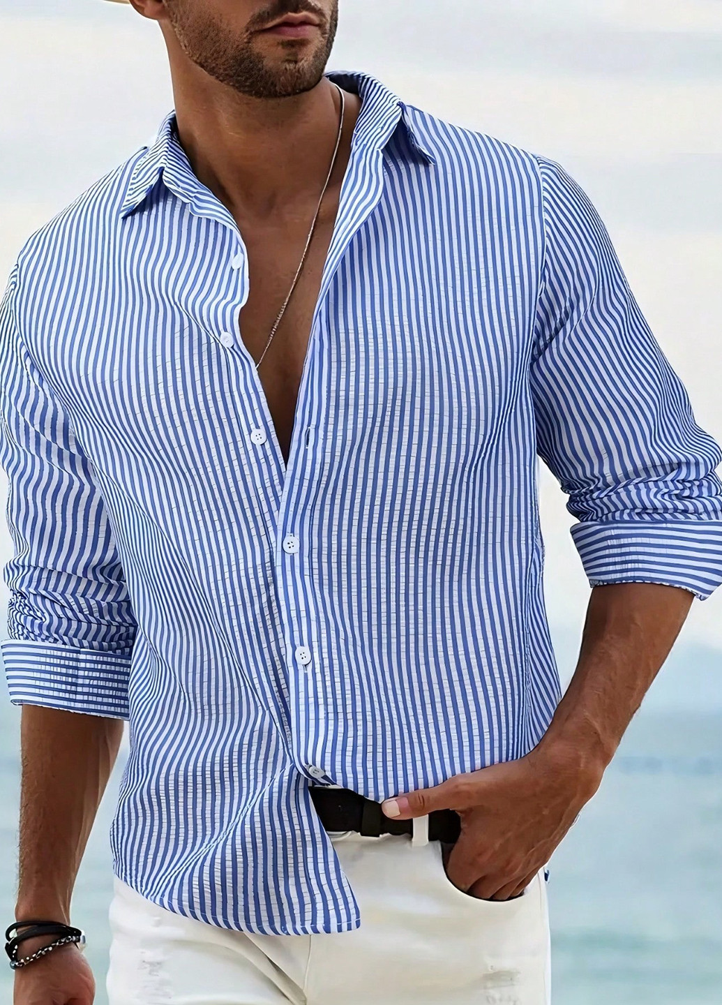 Голубой классическая, кэжуал рубашка в полоску SHEIN