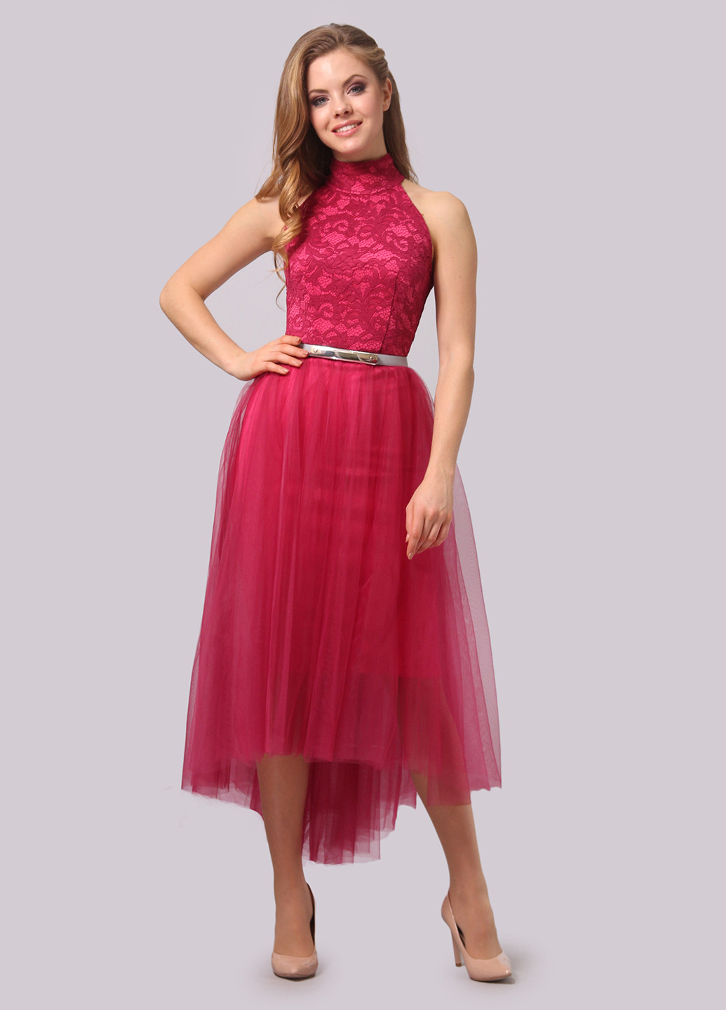 Фуксиновое (цвета Фуксия) коктейльное платье пачка Agata Webers однотонное