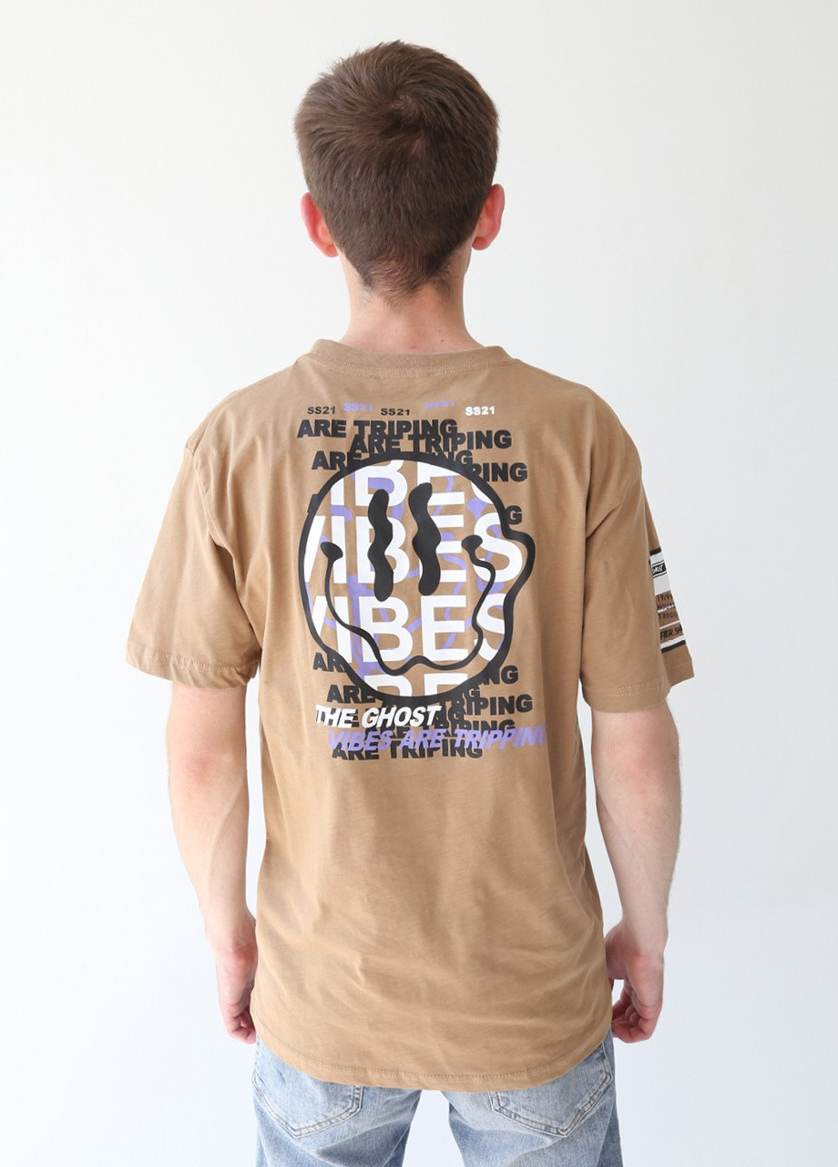Бежевая футболка мужская бежевая оверсайз принт на спине JEANSclub Свободная