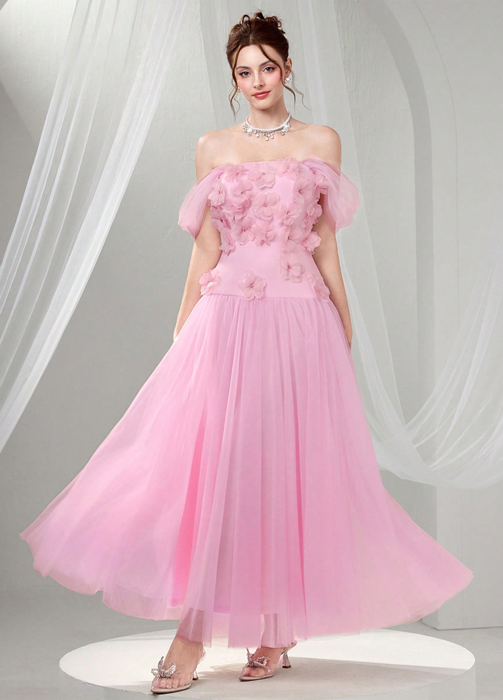 Світло-рожева святковий, вечірня сукня з відкритими плечима SHEIN однотонна