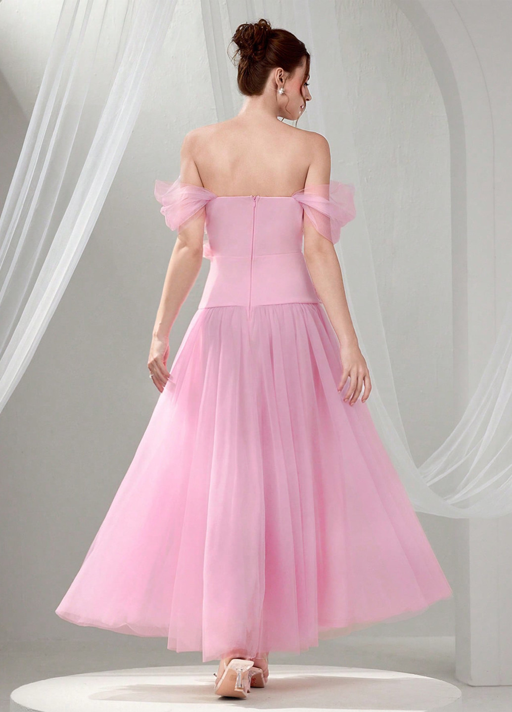 Світло-рожева святковий, вечірня сукня з відкритими плечима SHEIN однотонна