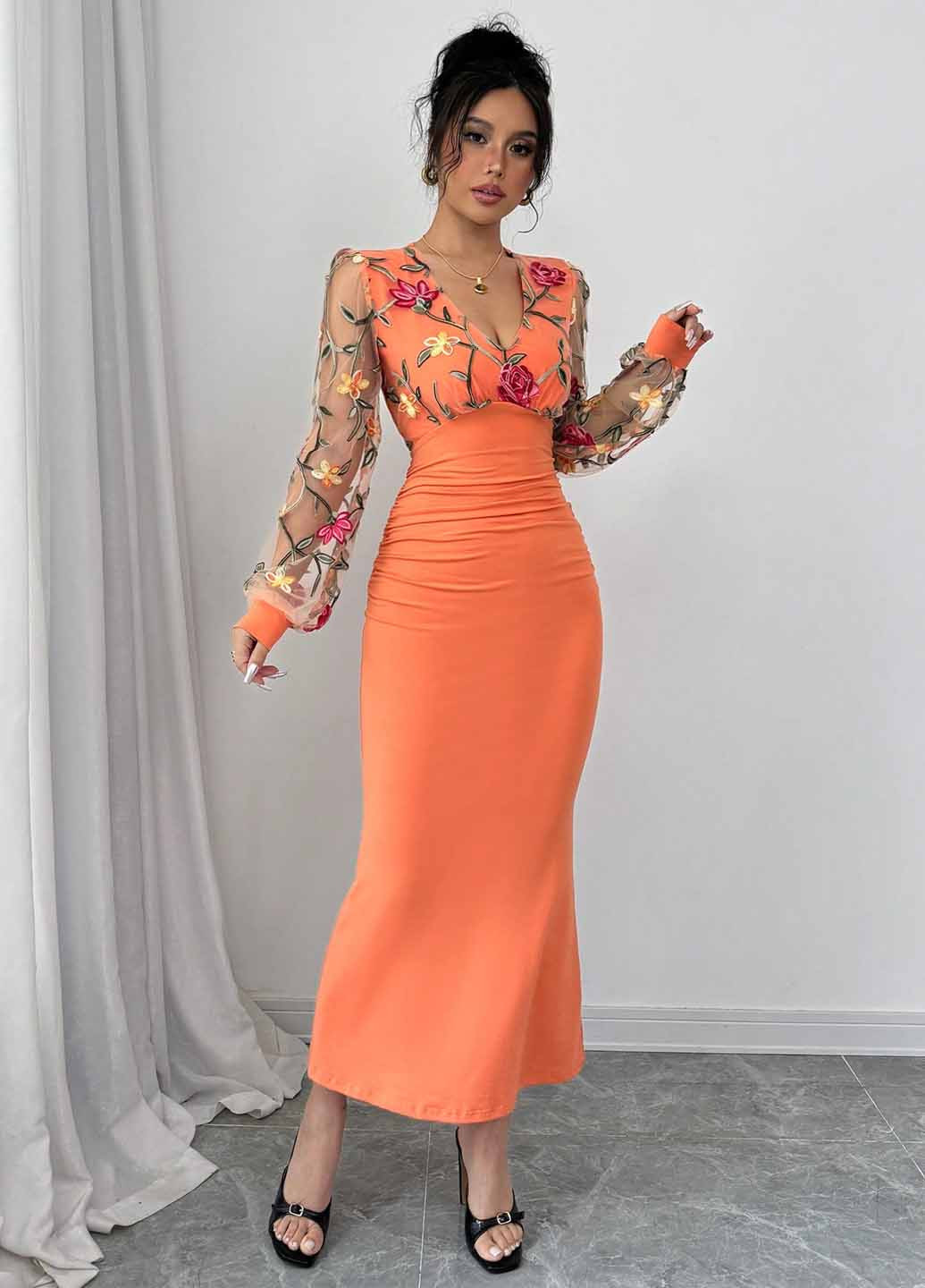 Помаранчева святковий, вечірня сукня годе SHEIN з квітковим принтом