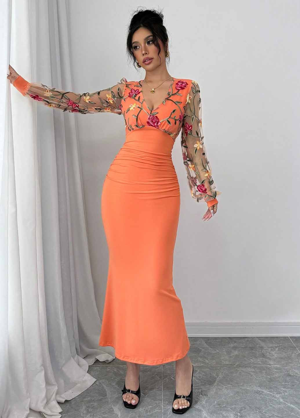 Помаранчева святковий, вечірня сукня годе SHEIN з квітковим принтом
