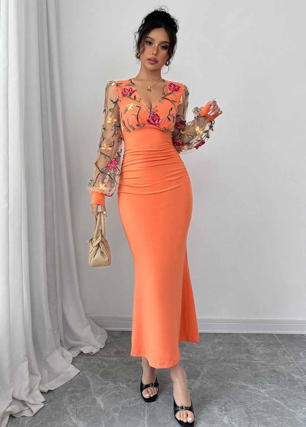 Помаранчева святковий, вечірня сукня годе SHEIN з квітковим принтом