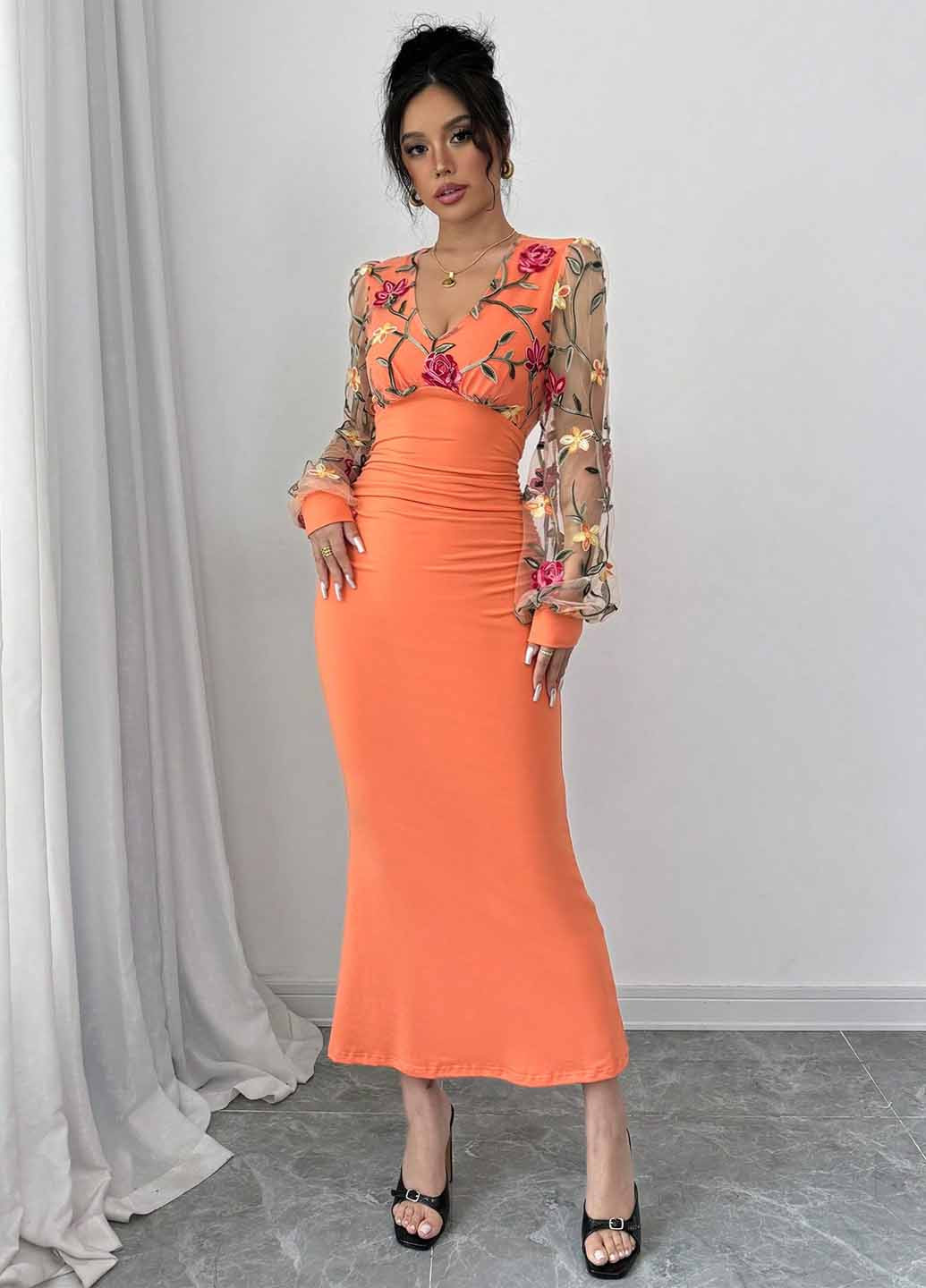 Помаранчева святковий, вечірня сукня годе SHEIN з квітковим принтом