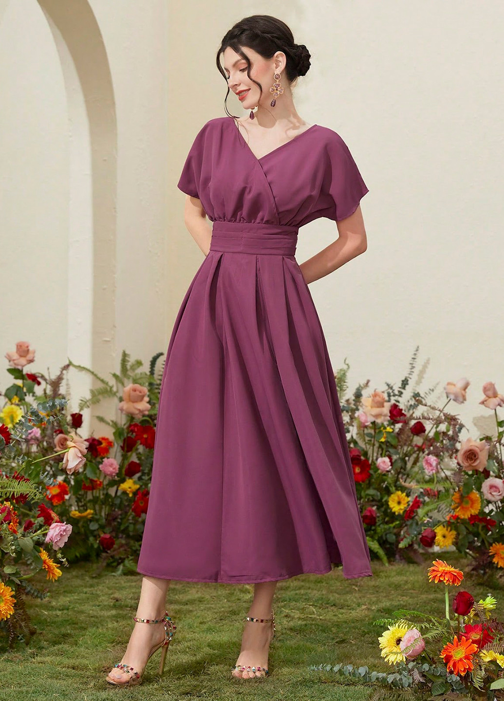 Сливовое кэжуал платье на запах, клеш SHEIN однотонное