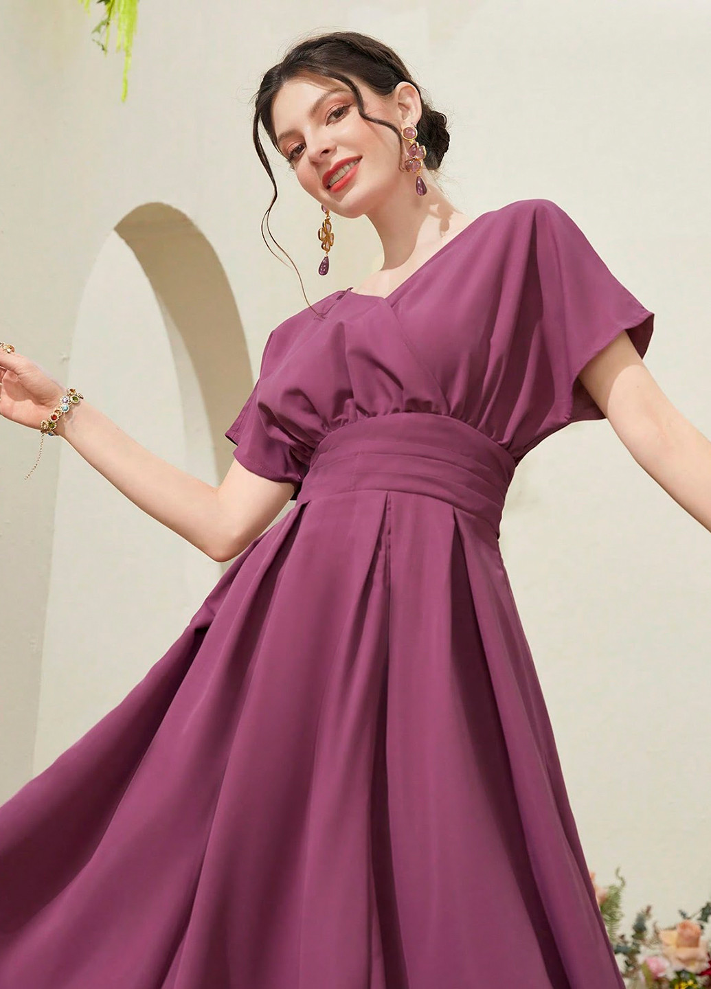 Сливовое кэжуал платье на запах, клеш SHEIN однотонное