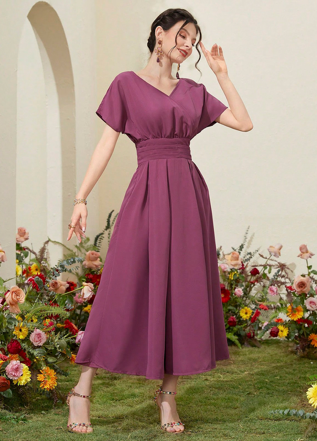 Сливовое кэжуал платье на запах, клеш SHEIN однотонное