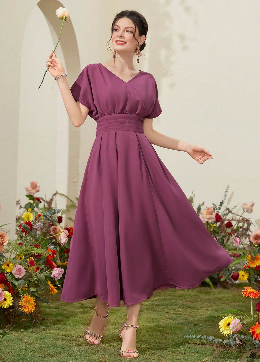 Сливовое кэжуал платье на запах, клеш SHEIN однотонное