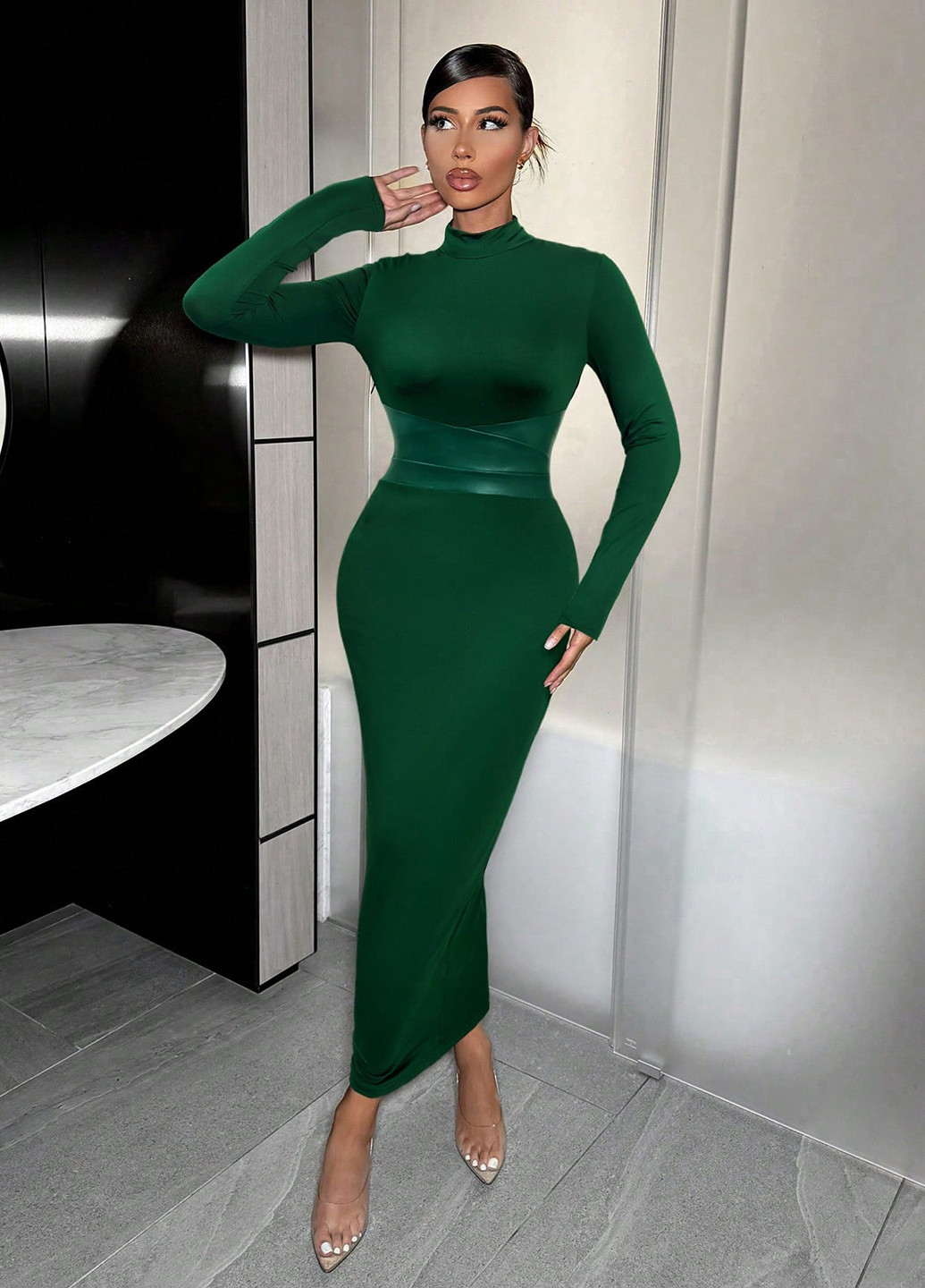 Темно-зелена вечірня, кежуал сукня силуетна, сукня-водолазка SHEIN однотонна