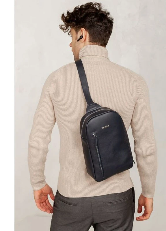 Кожаный мужской рюкзак (сумка-слинг) на одно плечо Chest Bag синий BlankNote (235752515)