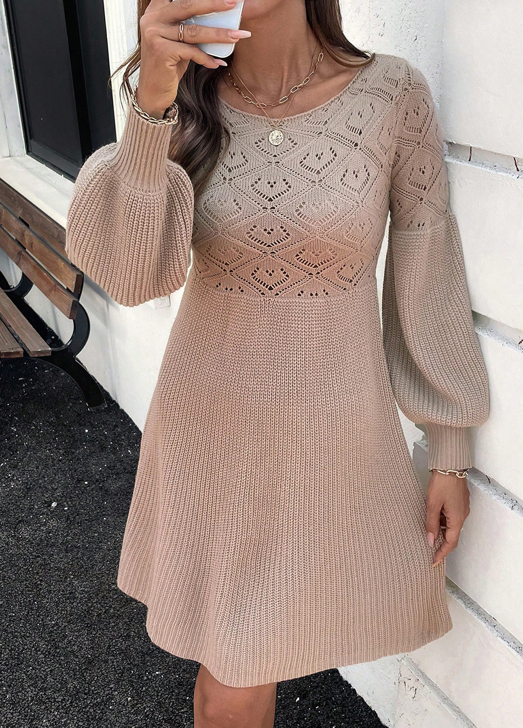 Бежевое кэжуал платье клеш, в стиле ампир, платье-свитер SHEIN однотонное