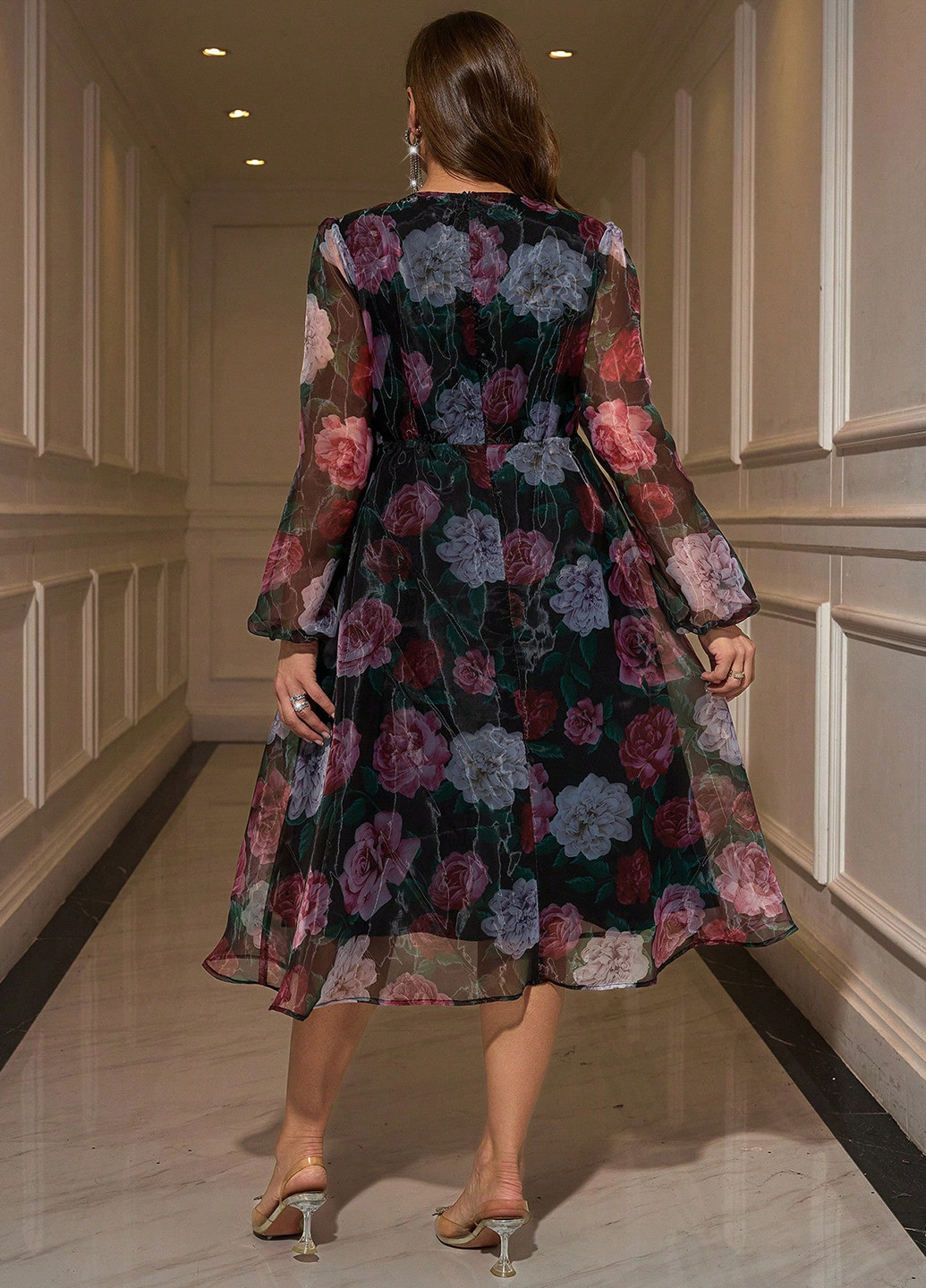 Чорна святковий, вечірня, кежуал сукня кльош, а-силует SHEIN з квітковим принтом