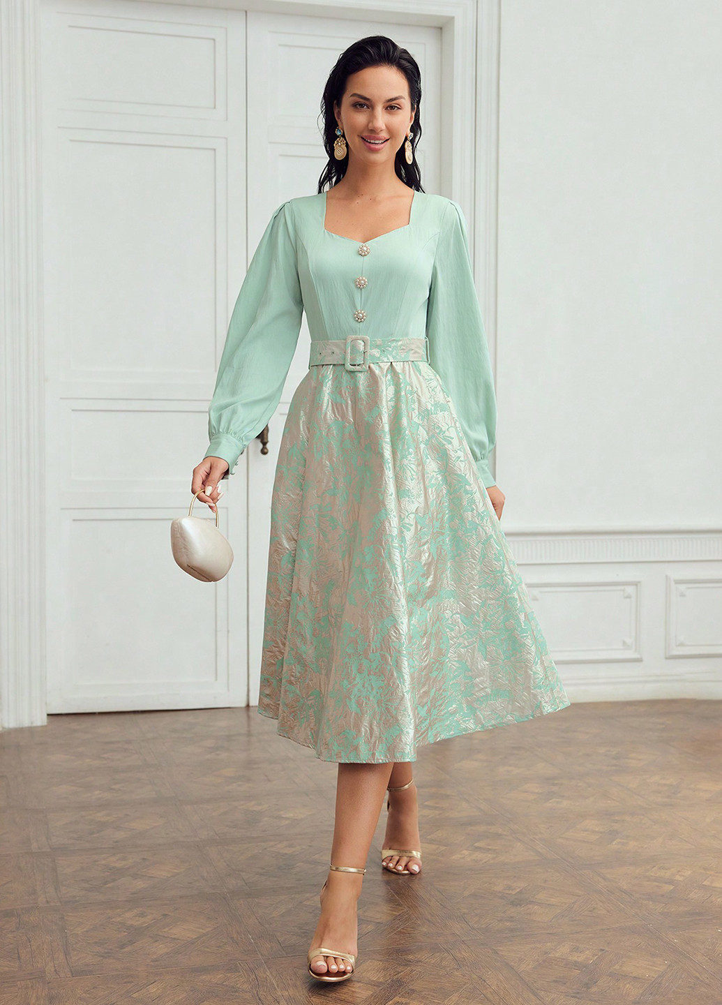 Светло-зеленое кэжуал, праздничный платье колокол SHEIN с рисунком
