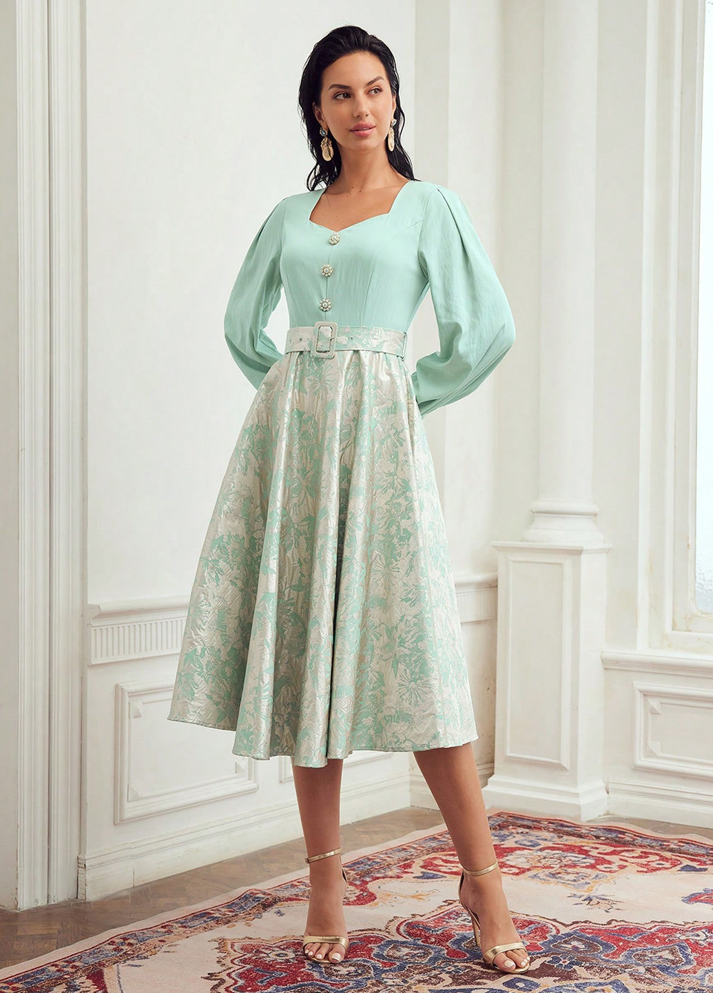 Светло-зеленое кэжуал, праздничный платье колокол SHEIN с рисунком