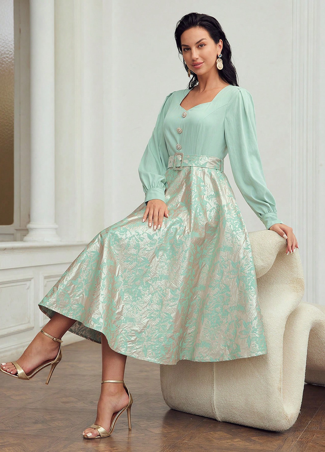 Светло-зеленое кэжуал, праздничный платье колокол SHEIN с рисунком