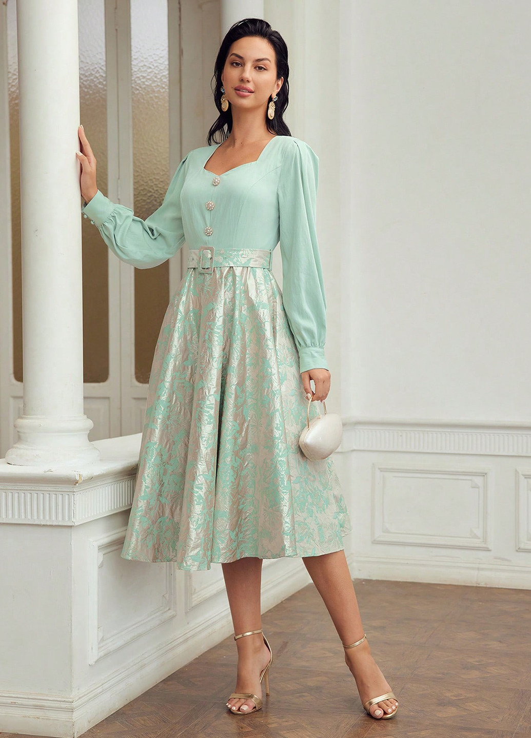 Светло-зеленое кэжуал, праздничный платье колокол SHEIN с рисунком