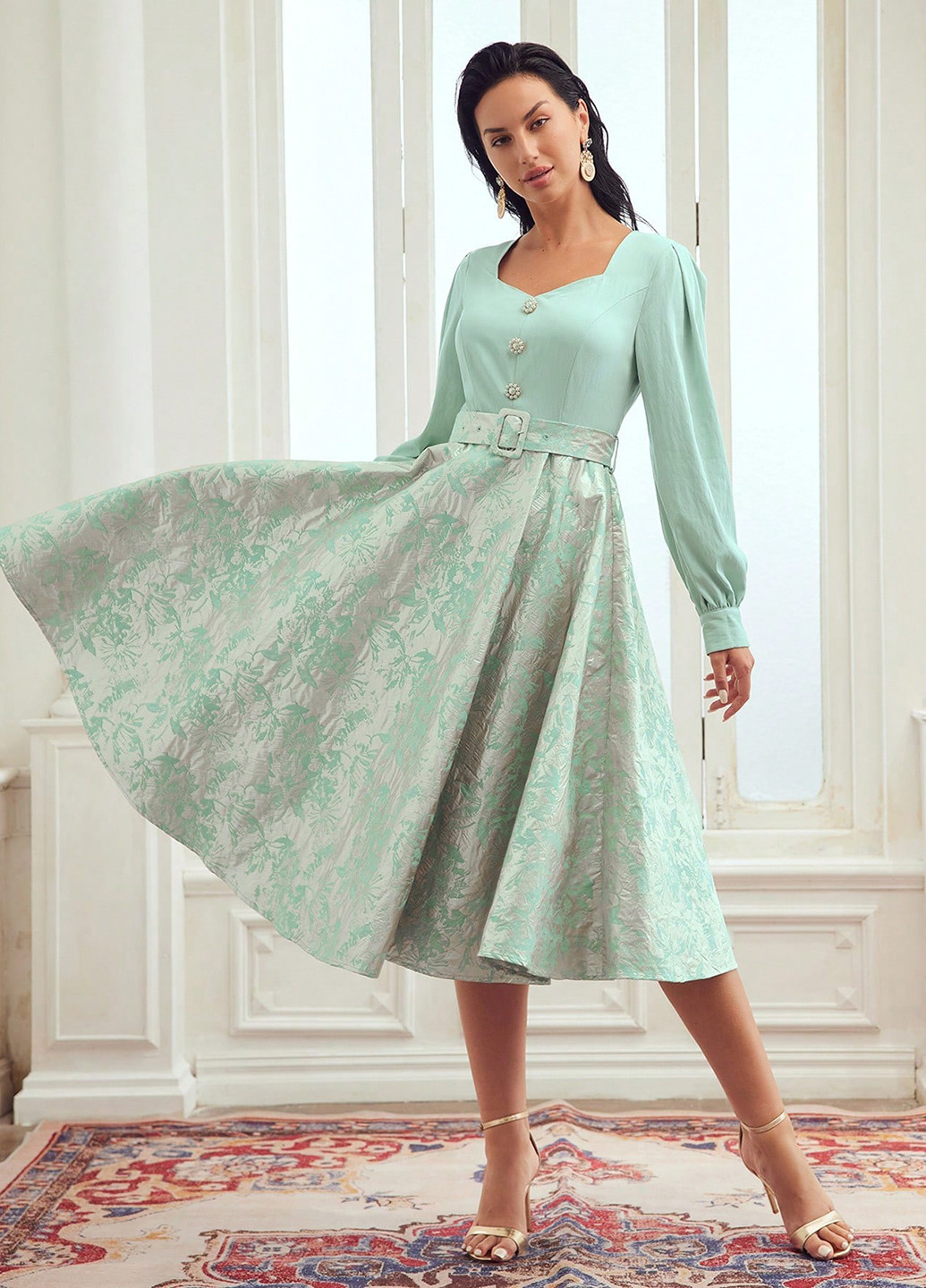 Светло-зеленое кэжуал, праздничный платье колокол SHEIN с рисунком