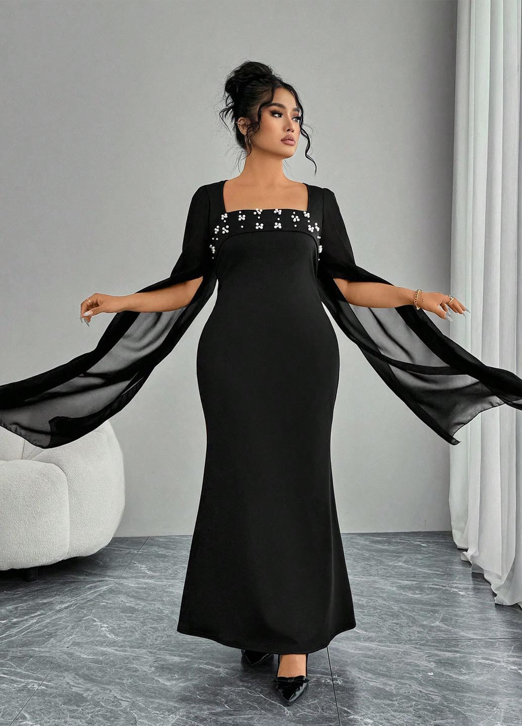 Чорна вечірня сукня годе, сукня-кейп SHEIN однотонна