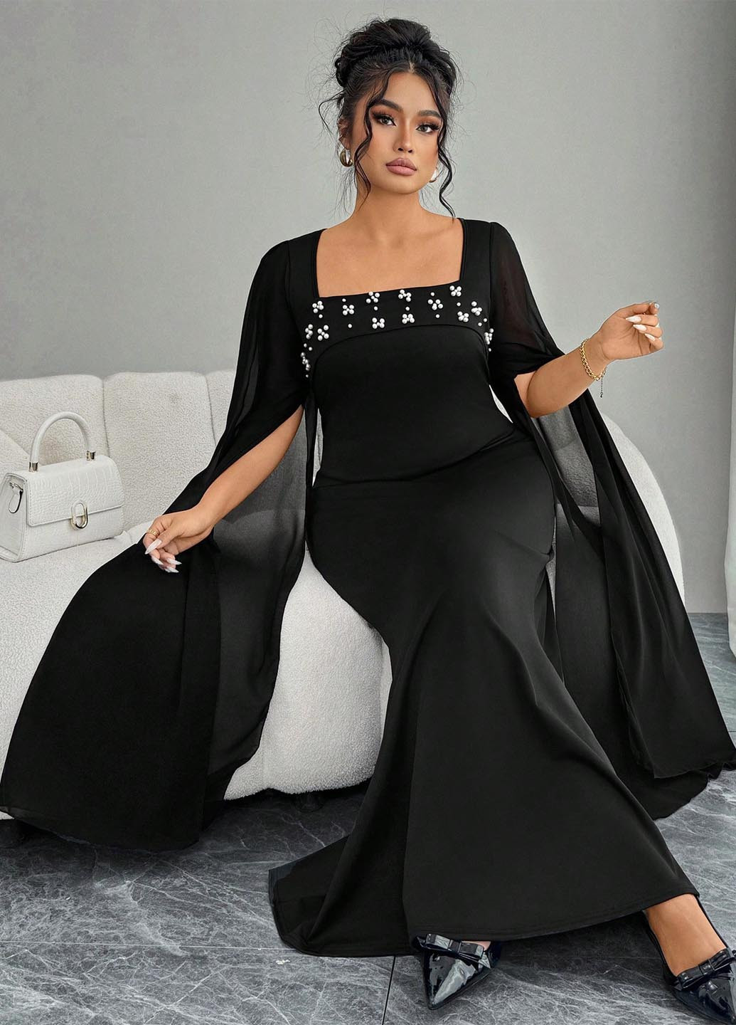 Чорна вечірня сукня годе, сукня-кейп SHEIN однотонна