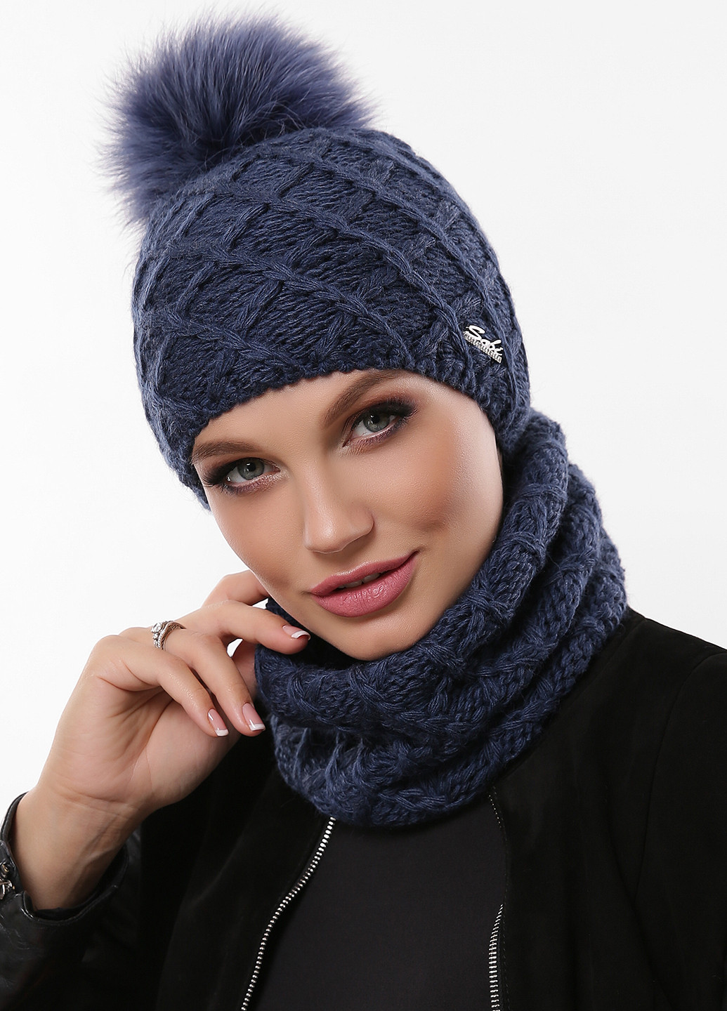 Синий зимний комплект (шапка, шарф-снуд) Sofi