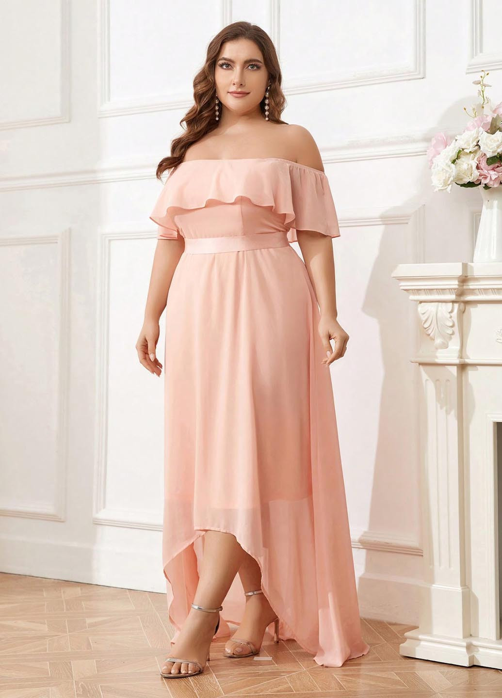 Світло-рожева вечірня, коктейльна сукня з відкритими плечима, з відкритою спиною, кльош SHEIN однотонна