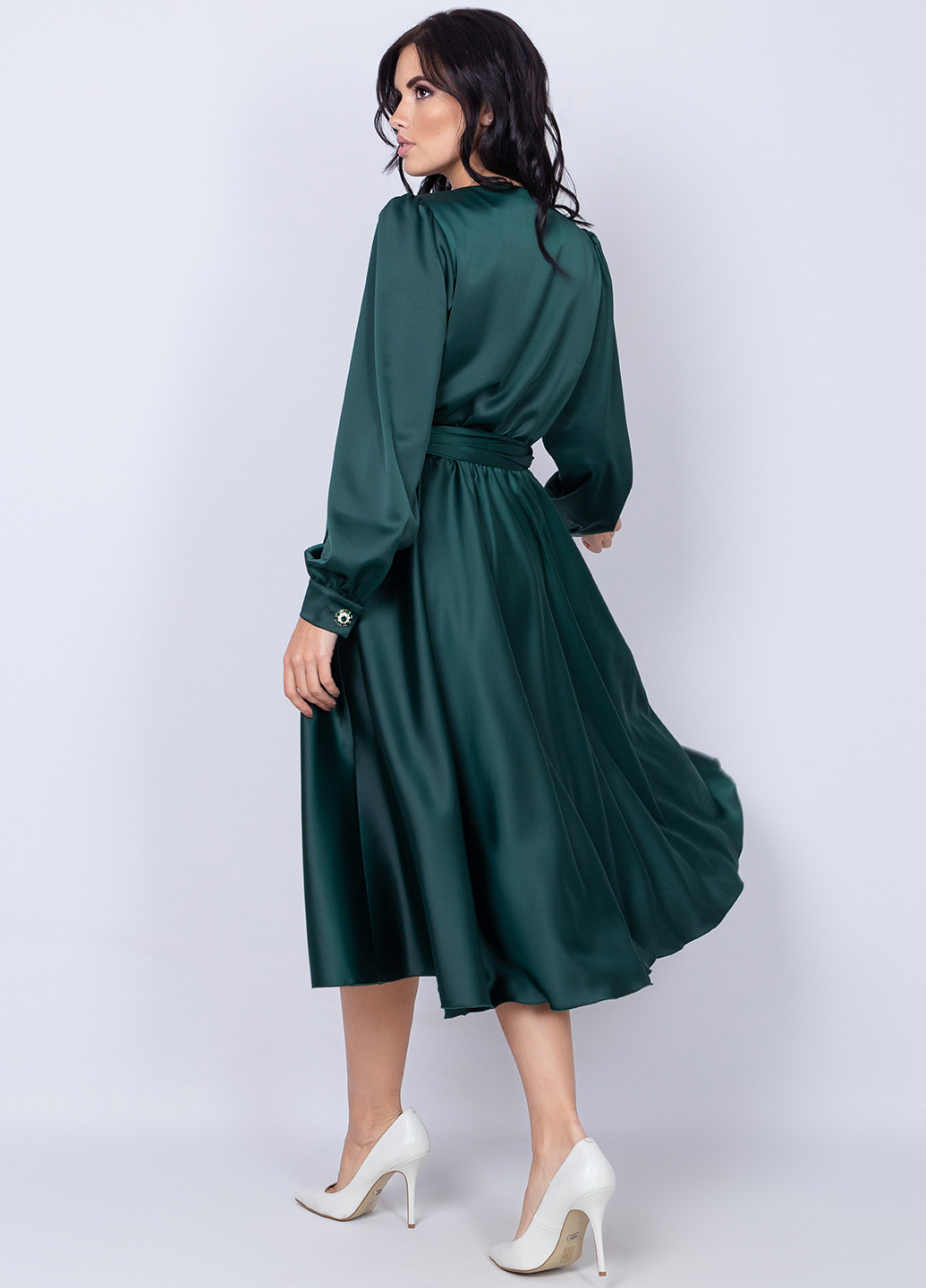 Темно-зеленое кэжуал платье клеш Seam однотонное