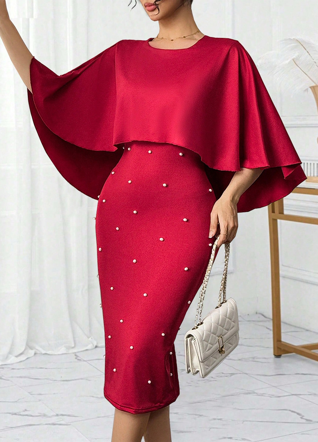 Світло-бордова вечірня сукня сукня-кейп, футляр SHEIN однотонна