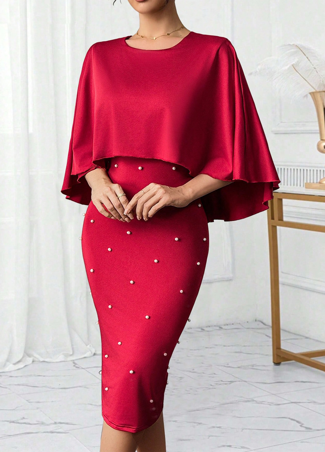 Світло-бордова вечірня сукня сукня-кейп, футляр SHEIN однотонна