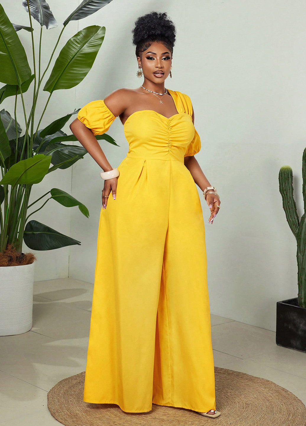 Комбінезон SHEIN комбінезон-брюки однотонний жовтий святковий, кежуал поліестер