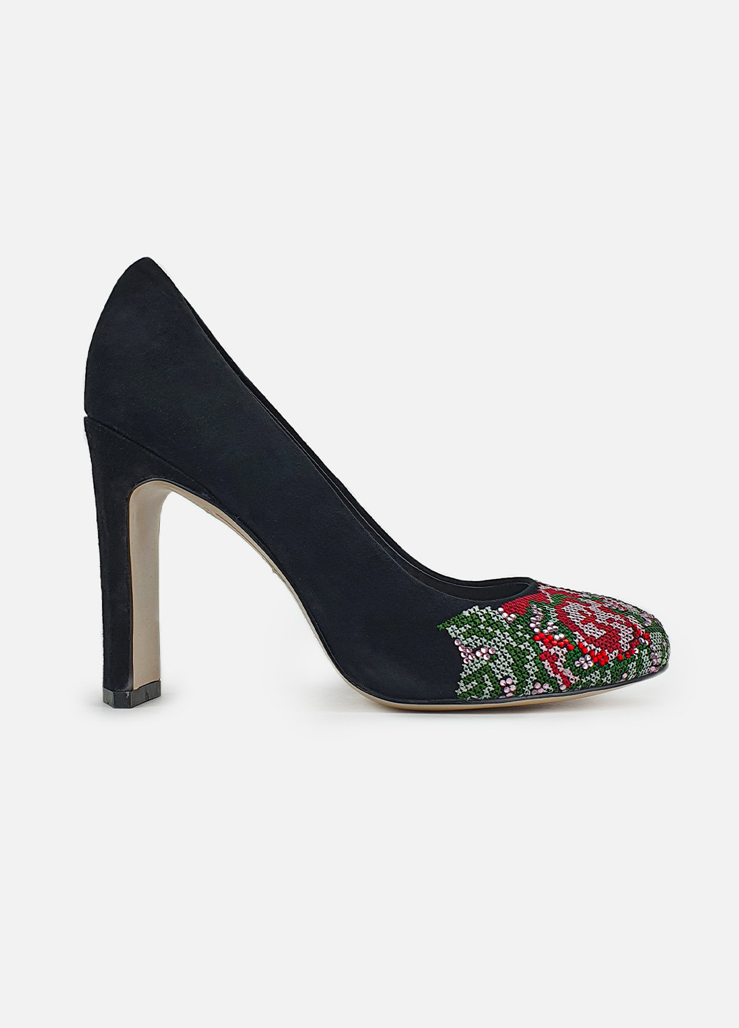 Женские туфли на каблуке черные замшевые с вышивкой Maria Moro