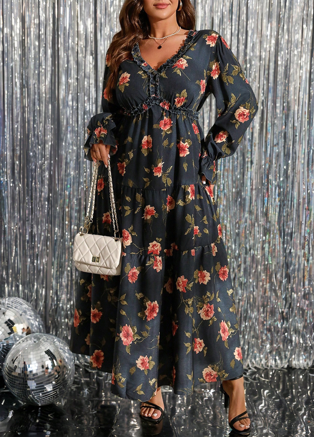 Чорно-білий кежуал сукня в стилі армпір, з спідницею-сонце SHEIN троянди