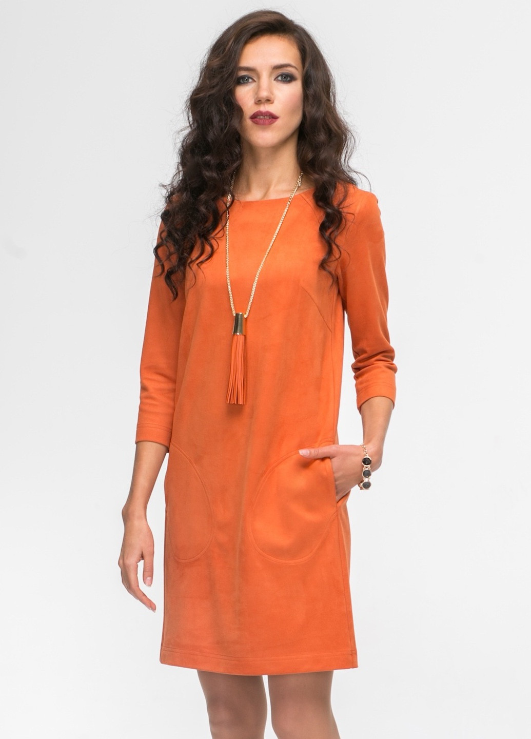 Помаранчева кежуал сукня василіна з кокеткою замша оранж Jet однотонна